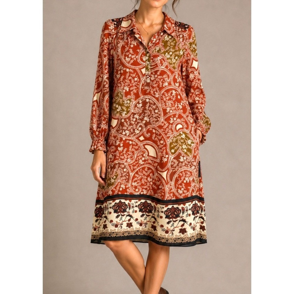 NEW 1.STATE Women Paisley Floral Print Long Sleeve Midi Dress Rust Orange M